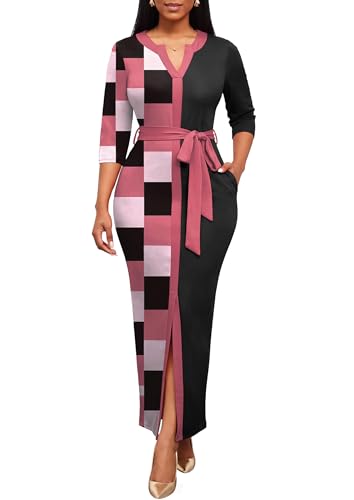 Image of Nmoder Long Maxi Dress for Women, Pencil Church Bodycon Dress Front Split | 3 /4 sleeve v neck, curvy tea party work semi formal cocktail funeral date bridesmaid dress, colorblock, m-3xl