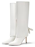 Coutgo Womens Knee High Boots Fold Over Pointed Toe Stiletto High Heel Boot Sexy Winter Tall Boots, White, size 8.5