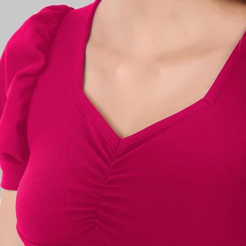 Image of Sweetheart Neck Ruched Front Puff Sleeve /Half Sleeve Streachable Solid /Plain Slim Fit Crop top for Women | Women's Slim FIT Crop TOP | Tops for Women