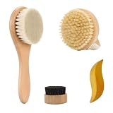 Dry Brushing Set - Natural Boar Bristle Body & Face Brush +Dry Skin Exfoliating Scrubber +Wood Therapy Massage Tool for Gua Sha Anti-Cellulite (4 Pack)