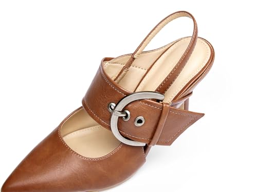 Image of Coutgo Womens Slingback Pumps Closed Pointed Toe High Heels Belt Buckle Strap Dressy Work Shoes