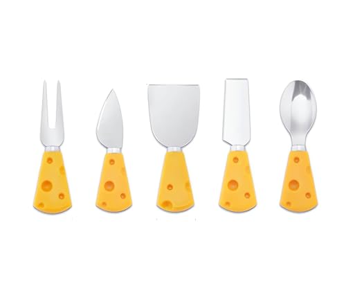 DIKIMO 5-Piece Portable Cheese Knives Set with Storage Box - Stainless Steel Cheese Spoon, Butter Knife, Fork & More - Perfect for Cheese Lovers, Parties, and Gifts (Yellow-5Pcs)