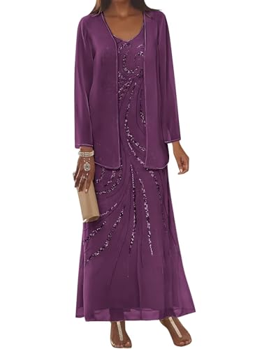 TORYEMY 2 Pieces Mother of The Bride Dresses with Jacket Sequin Chiffon Long Sleeve Formal Evening Dresses for Women