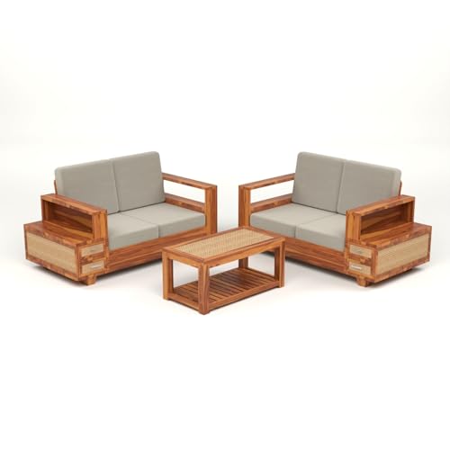 Image of Sheesham Wood 4 Seater Sofa Set with 2 Drawer Storage | 2+2 Wooden Sofa Set Furniture for Living Room Home Office (Natural Cane,Honey Finish)