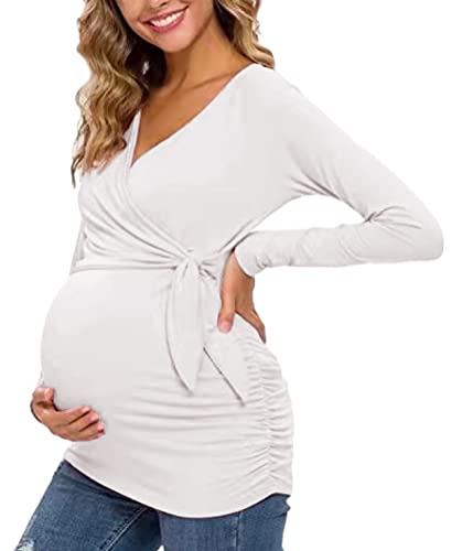 Tomwell Top De Lactancia De Manga Corta con Cuello En V para Mujer Ropa Premamá Camisa De Maternidad Camiseta De Embarazada Delgado Moda Blusa Verano Primavera D Blanco S