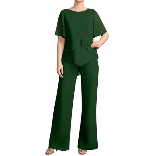 Women's 2 Pieces Separates Mother of The Bride Pants Suits Jumpsuit/Pantsuit Chiffon Scoop Outfits with Beading