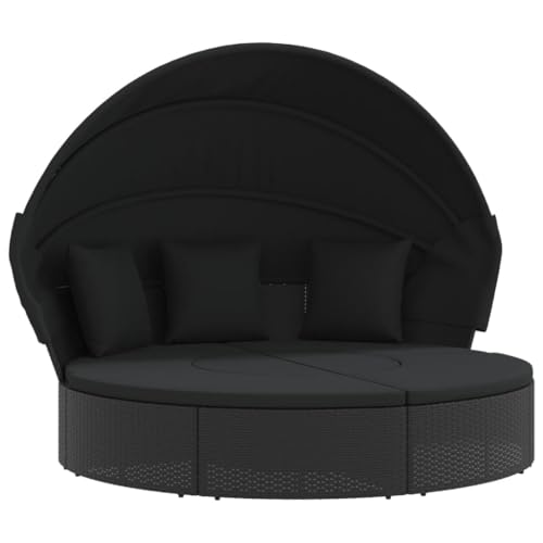 vidaXL Outdoor Loungebett mit Dach Kissen, Sonnenliege mit Fußhocker, Loungeliege für Garten Terrasse, Gartenliege Sonnenbett, Schwarz Poly Rattan
