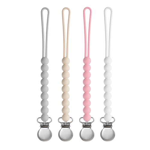 Image of Pacifier Clip for Boys Girls - MORIBOX 4 Pack Paci Clip Soothie Baby Binky Holder for Shower Gift Birthday (Beige+White+Lpink+Lgrey)