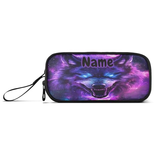 Image of Custom Blue Eyes Wolf Purple Galaxy Pencil Case Box Boys Girls Personalized Name Large Pencil Pouch Stationery Pen Bag Organizer for Kids Adults School Office