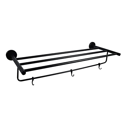Viking Brass Towel Rack with Lower Rail & 3 Hooks H2O 600mm (24”) Long - Matt Black Finish | Space-Saving Bathroom Storage Solution | Wall Mounted Towel Holder Towel Bar for Kitchen Bathroom
