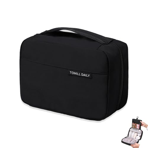 BAKLUCK Cosmetic Bag Large Capacity Makeup Travel Bag with Double Clear Sided, Waterproof Nylon,Lay Flat Hanging Toiletry Bag for Women,Black