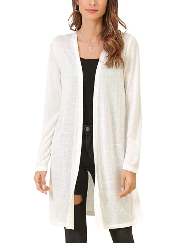 MessBebe Strickjacke Damen Lang Cardigan Sommer Langarm Offen Front Dünn Casual Leicht Frühling Weiß M