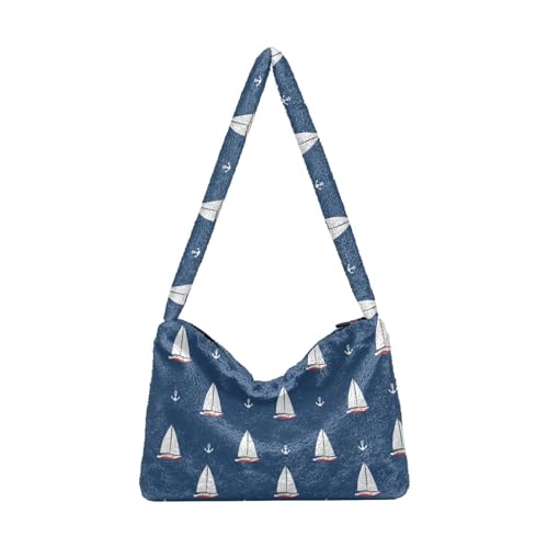 Gummi-Ente Schulter-Tragetasche für Damen, pelzige Crossbody-Tasche mit Reißverschluss, Hobo-Handtasche, Geldbörsen für Reisen, Arbeit, Einkaufen, Segelboot Anker, Einheitsgröße