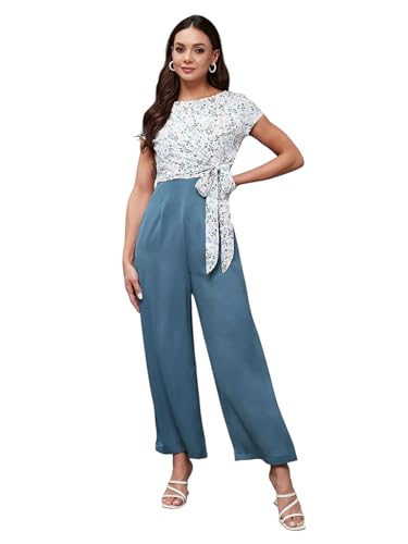 Miss Chase Women's Multicolored Round Neck Short Sleeves Floral Waist Tie-Up Regular Length Jumpsuit