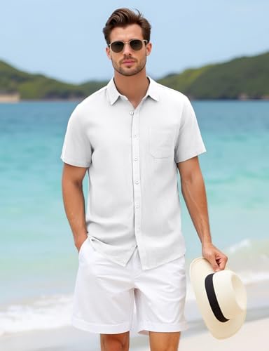 Mens Summer Cotton Linen Short Sleeve Button Down Shirt Casual Lightweight Tops with Pockets for Beach Vacation2
