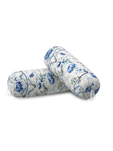 Image of Clasiko Cotton Bolster Covers; Set of 2; 220 TC; Grey Blue Flowers; 30x15 Inches; 42158
