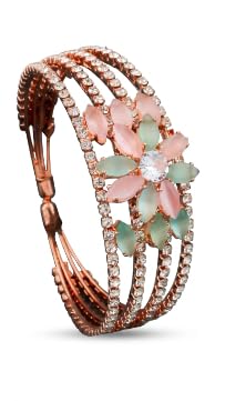 Rose Gold Plated Floral Bangle Bracelet for Women with Pink & Mint Green Cubic Zirconia Stones | Multi Strand Crystal Bracelet-image-21