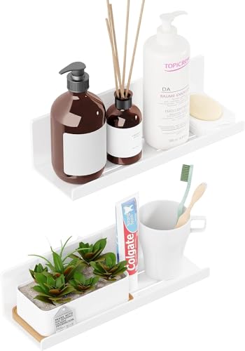 PAVSTINE Estante de Baño sin Taladro, Estante de Pared con Orificios de Drenaje, Estante Flotante Blanco 2 Piezas, Estante Adhesivo para Dormitorio, Baño, Cocina, Oficina