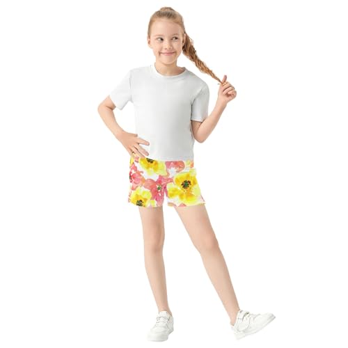 Girls Shorts Yellow Pink Floral Kids Athletic Sleep Pajama Shorts Custom Patterned Comfy Summer Clothes, X-Small2