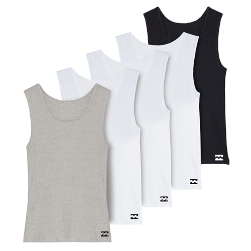Billabong Pacote com 5 camisetas masculinas leves de algodão canelado clássico, 3 brancos, 1 cinza, 1 preto, G