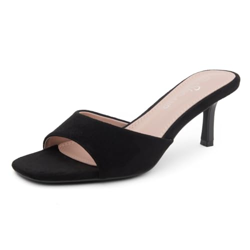 Image of Shoe Land Women's Low Heels Stiletto Heeled Slides, Open Toe One Band Slip-On Heeled Mules - Dressy Heeled Sandals for Prom, Party Wedding and Vacation