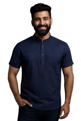 Men’s Solid Khaadi Cotton Blend Short Kurta | Regular Fit Ethnic Wear | Casual Wear Kurta with Mandarin/Chinese Collar for Festive