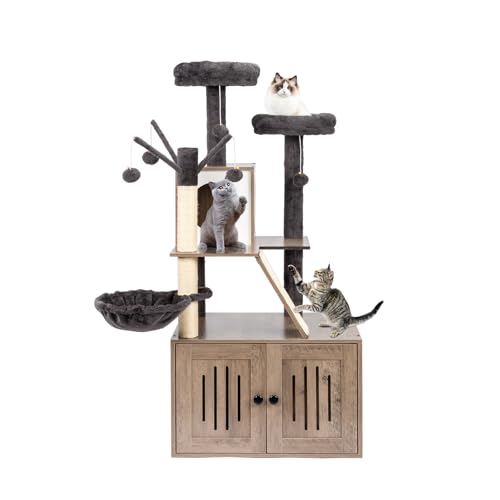 Bonnlo Large Cat Tree with Litter Box, All-in-1 Wooden Cat Tower, 53“ Height Houses for Indoor Cats, Kittens Condo wih Scratching Posts, Hidden Cat Washroom Furniture