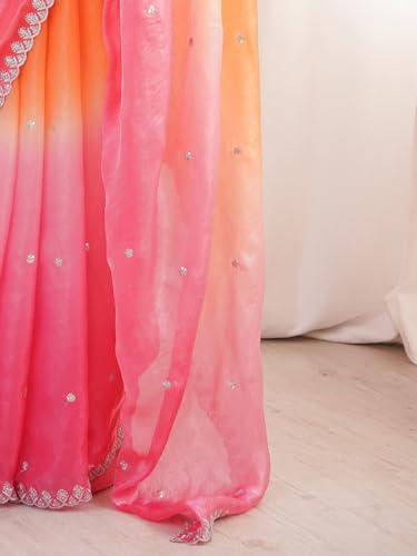 Image of AKHILAM Women's Shimmer Satin Sequence Embroidery Saree With Unstitched Blouse Piece(AARYAN21701 KR Parent)
