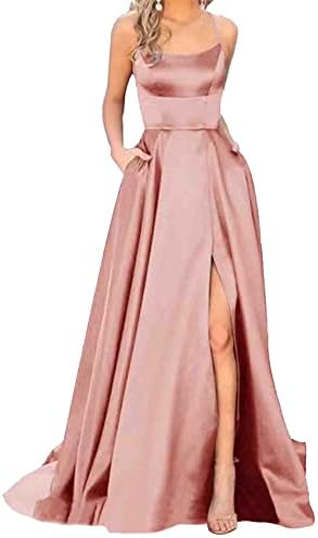 Women's Elegant Long Ball Dresses with Pockets, Satin A-line Backless Wedding Dress