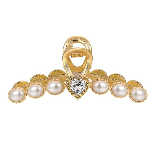 Vintage Hair Claw Clip - Pearl Heart, 14K Gold Plated