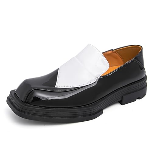Men's Square Toe Platform Dress Loafers Fashion Patent Leather Slip on Business Work Office Formal Shoes Daily Non-Slip Low Block Heel Casual Shoes