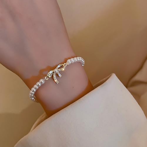 Pearl Bracelets for Women Dainty Bow Charm Bracelet Baroque Pearl Jewelry Trendy Stuff Bridesmaid Bridal Wedding Jewelry Gifts2
