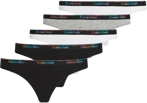 Calvin Klein Braguitas Tipo Tanga Mujer Pack de 5 con Logotipo, Multicolor (Black/White/Black/Gry Htr/White), S