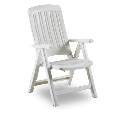 Tomaino Tumbona de jardín plegable de plástico – Sillón para exteriores relajante, casa, camping, reclinable – 5 posiciones con reposabrazos (blanco)