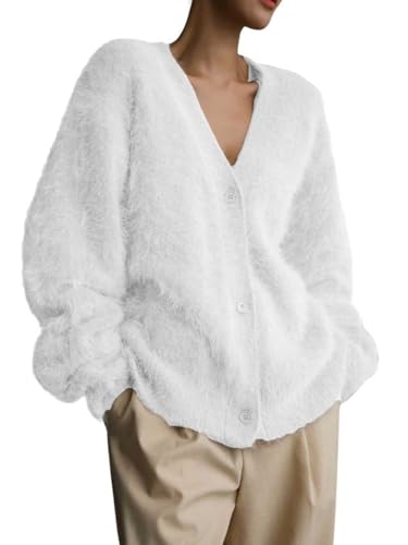 Image of chouyatou Women Furry Open Front Cardigan V-Neck Loose Casual Fluffy Knit Button Down Sweater Coat
