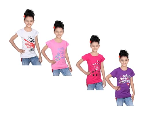 Image of indi weaves Girls Pure Cotton Chest Printed Half Sleeves Round Neck T-Shirts (Pack of 4)