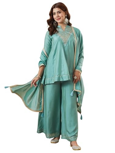 Image of MOKOSH Women's Silk Embroidery Kurta Sharara with Dupatta | Kurta Set | Embroidered |Indian Kurta Outfit with Sharara | 3 Piece Outfit |Straight Ethnic Suit 4 Colour Options Available