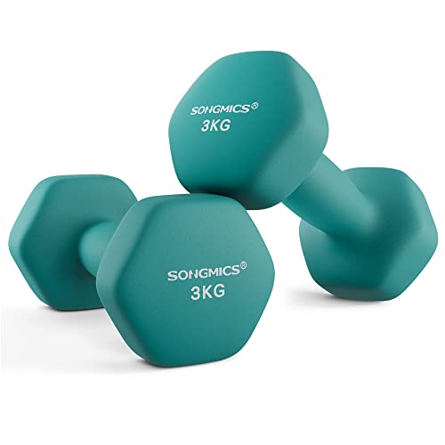 SONGMICS Hanteln, 2er Set, 2 x 3 kg, Hantelset, Kurzhanteln, Hexagon, Neopren-Beschichtung, Krafttraining, Workout, Fitnesstraining, für Zuhause, dunkelgrün SYL906Q01