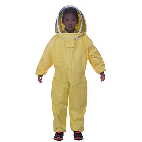 HunterBee Kids Full body Ventilated Beekeeping Suits / Children's Beekeeping Protective Cotton Suit/Self-supporting Fencing Veil hood(Yellow, 3.9ft Height)