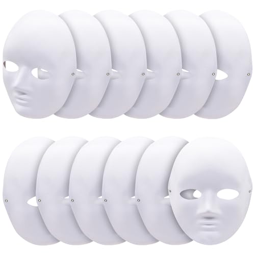 12 Pack White Full Face Craft Masks – Blank DIY Paper Masks with Elastic Strap for Cosplay, Masquerade, Halloween, Theater, Art Painting Projects and Costume Events