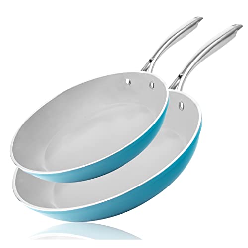 Image of Gotham Steel Aqua Blue Nonstick Frying Pan Set, 2 Piece Non Stick Skillet Set, 8.5” & 9.5” Ceramic Nonstick Frying Pans for Cooking, Cooking Pans with Stay Cool Handles - Dishwasher Safe, Oven Safe