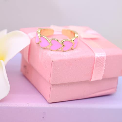Colorful Enamel Heart Ring Adjustable Love Heart Open Band Ring Plain Stackable Finger Ring Wedding Love Promise Ring For Women Girls Fashion Jewelry Gift Gold Plated (Pink) #TOP5