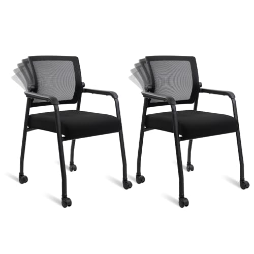 Image of KLASIKA Waiting Room Chairs with Wheels, Adjustable Mesh Backrest, Desk Chair with Ergonomic Lumbar Support and Thickened Seats Cushion, 2 Pack Black