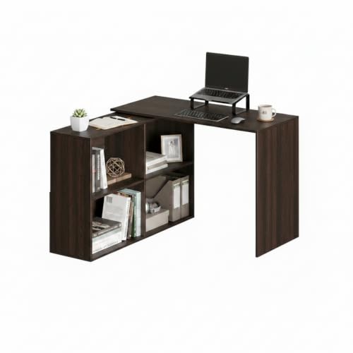 Image of FURNEASER Maggen Engineered Wood Rotatable Study Table, L-Shaped Corner Computer Desk, Laptop Workstation for Home Office, WFH Desk, Gaming Space Saving Rotating Table with Bookcase (Wenge)