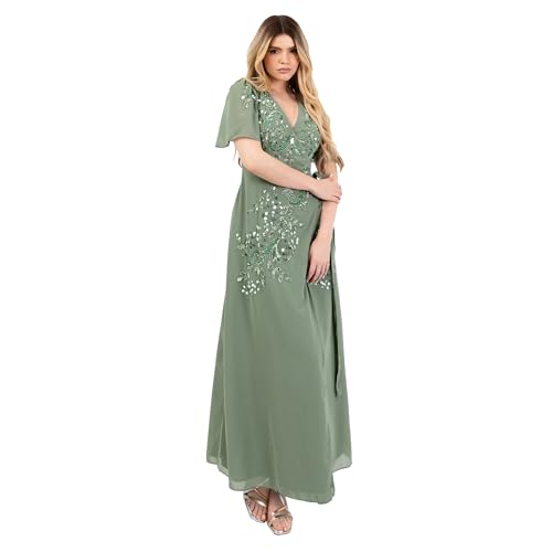 Maya Deluxe Women's Maxi Dress Ladies V Neck Short Angel Sleeve Wrap Sequin Embellished Chiffon Tie Evening Occasion Prom Ball Gown, Verde 38
