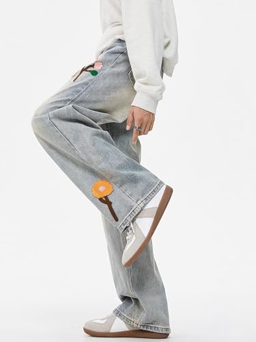 Baggy Jeans for Men Women Y2K Floral Pattern Low Rise Wide Leg Grunge Denim Pants Casual Fashion Harajuku Streetwear3