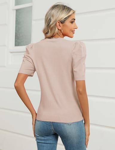 Image of AKEWEI Puff Short Sleeve Sweater for Women Tops Trendy Spring Summer 2025 Business Casual Outfits Knit Crewneck Shirt Blouses