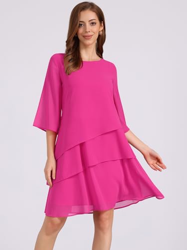 Image of Seta T Women's Chiffon Dresses 3 /4 Bell Sleeve Crewneck Tiered Layered Flowy Dress Party Wedding Outfits