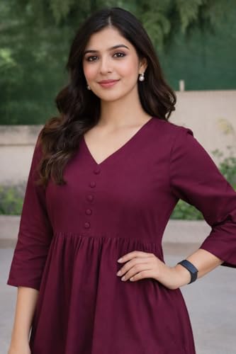 Image of ANILINE Women's V-Neck, Button Front, three-quarter sleeves, Anarkali shape, Empire Waist, Pleated Design Kurta With Pant
