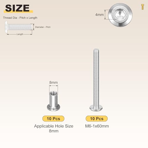 Image of METALLIXITY Crib Screws Replacement Set(M6-1x60mm) 20Pcs, Stainless Steel Connector Bolts M6 Screw Barrel Nuts Binding Screws, for Chair Cabinet Bed, Silver